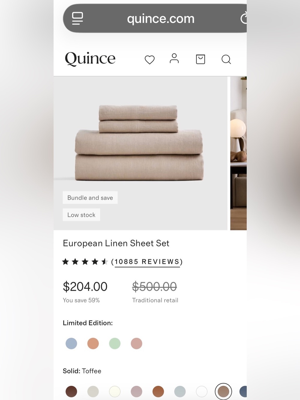 NWT Quince European Linen 4 Piece Sheet Set, King (Toffee) - Picture 2 of 8